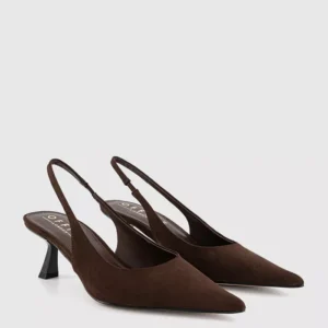 Million Slingback Kitten Heels Brown Faux Suede