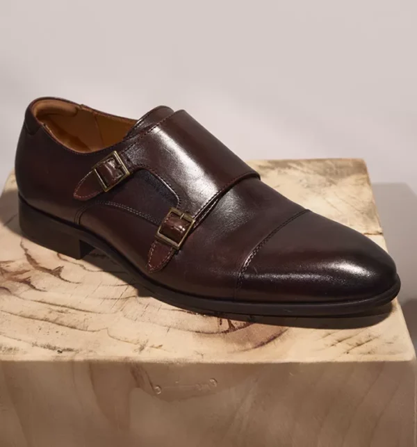 Michal Double Strap Monk Shoes Brown Leather