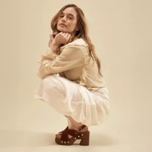 Miley Cross Over Wood Effect Heeled Sandals Tan Suede