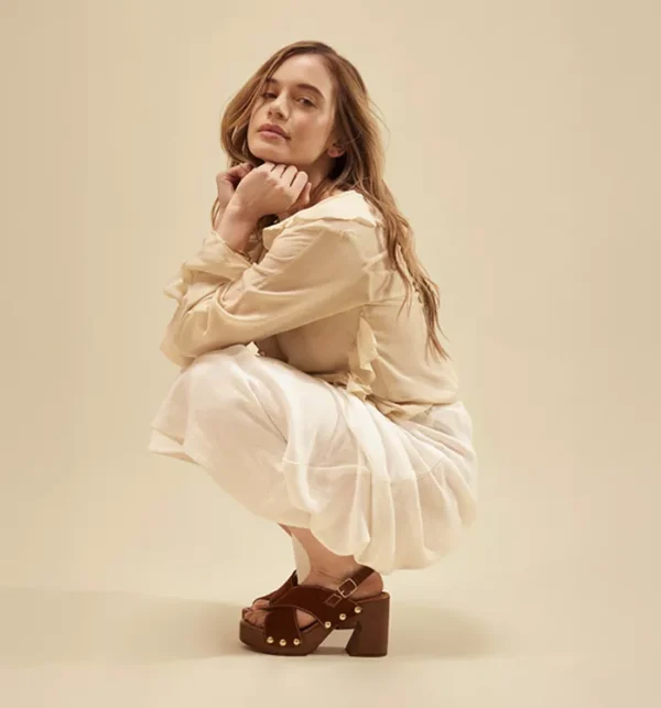 Miley Cross Over Wood Effect Heeled Sandals Tan Suede