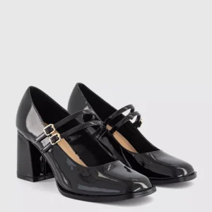 Manhattan Double Strap Heeled Mary Janes Black Patent