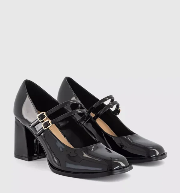 Manhattan Double Strap Heeled Mary Janes Black Patent