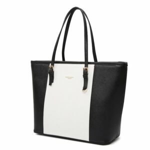 PU Leather Tote Bag - Spacious Satchel for Women (Fits 12 Inch Laptop) - Black/White