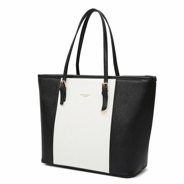 PU Leather Tote Bag - Spacious Satchel for Women (Fits 12 Inch Laptop) - Black/White