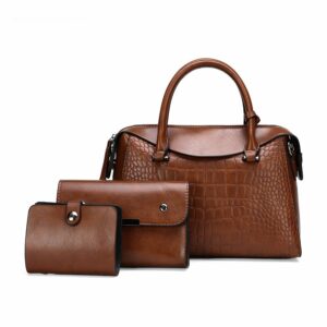 3 in 1 set croc patterned skin handbag - Brown