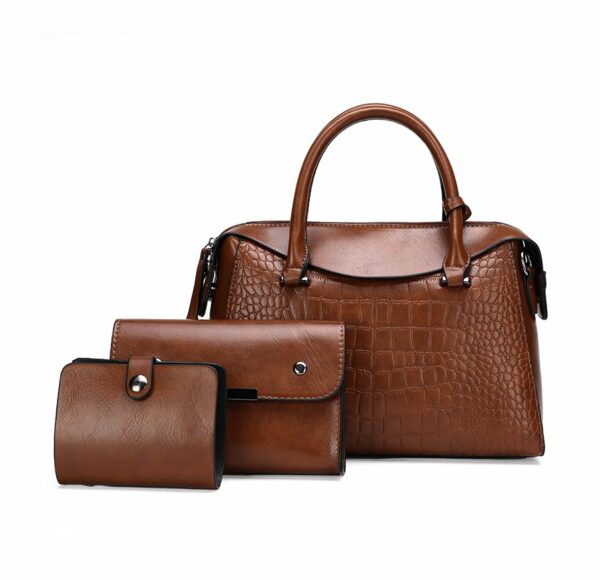 3 in 1 set croc patterned skin handbag - Brown
