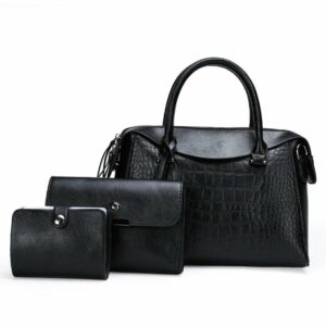 3 in 1 set croc patterned skin handbag - Black